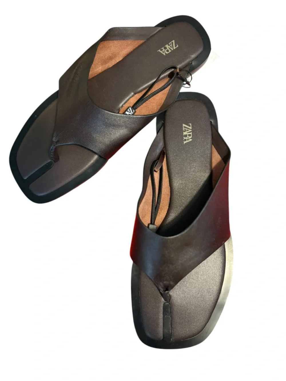 ZARA NWT Brown Leather Thong Sandals in Sz 6 - Picture 2 of 5